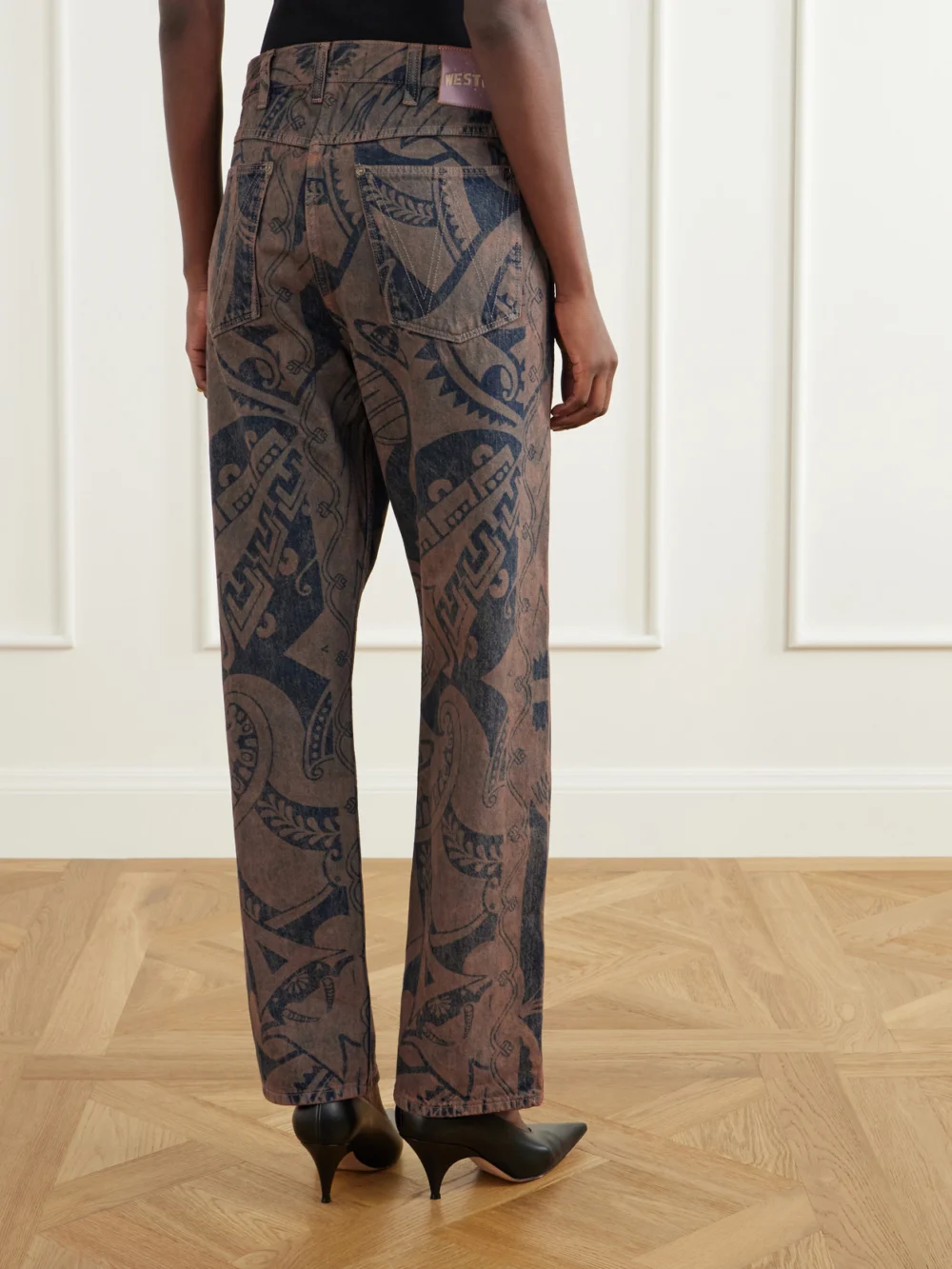 Back view of the Vivienne Westwood Ranch Printed High-waisted Straight-leg Organic Jeans