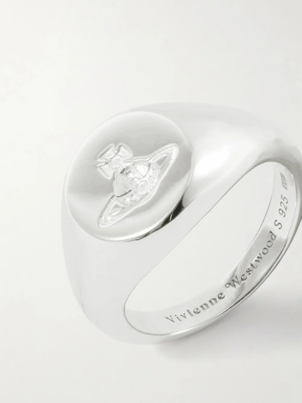 Close-up detail of the Vivienne Westwood Sigillo-debossed Recycled Silver Ring