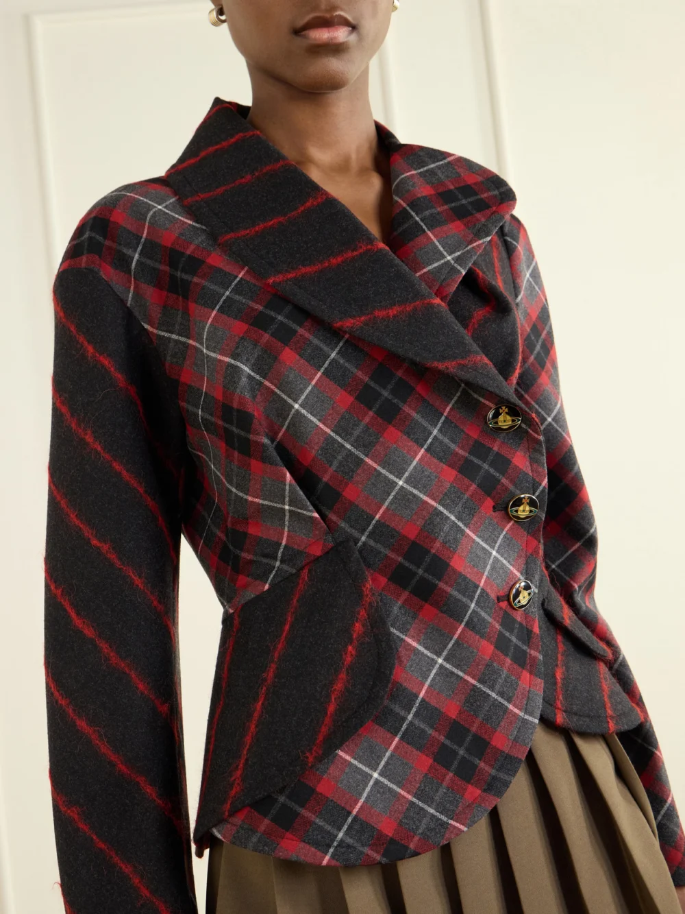 Close-up detail of the Vivienne Westwood Stormy Checked Asymmetric Wool-blend Blazer