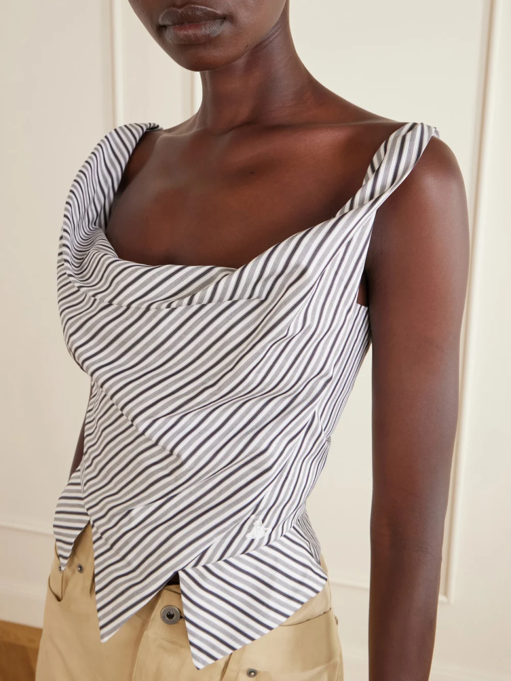 Close-up detail of the Vivienne Westwood Sunday Asymmetric Striped Cotton-poplin Blouse