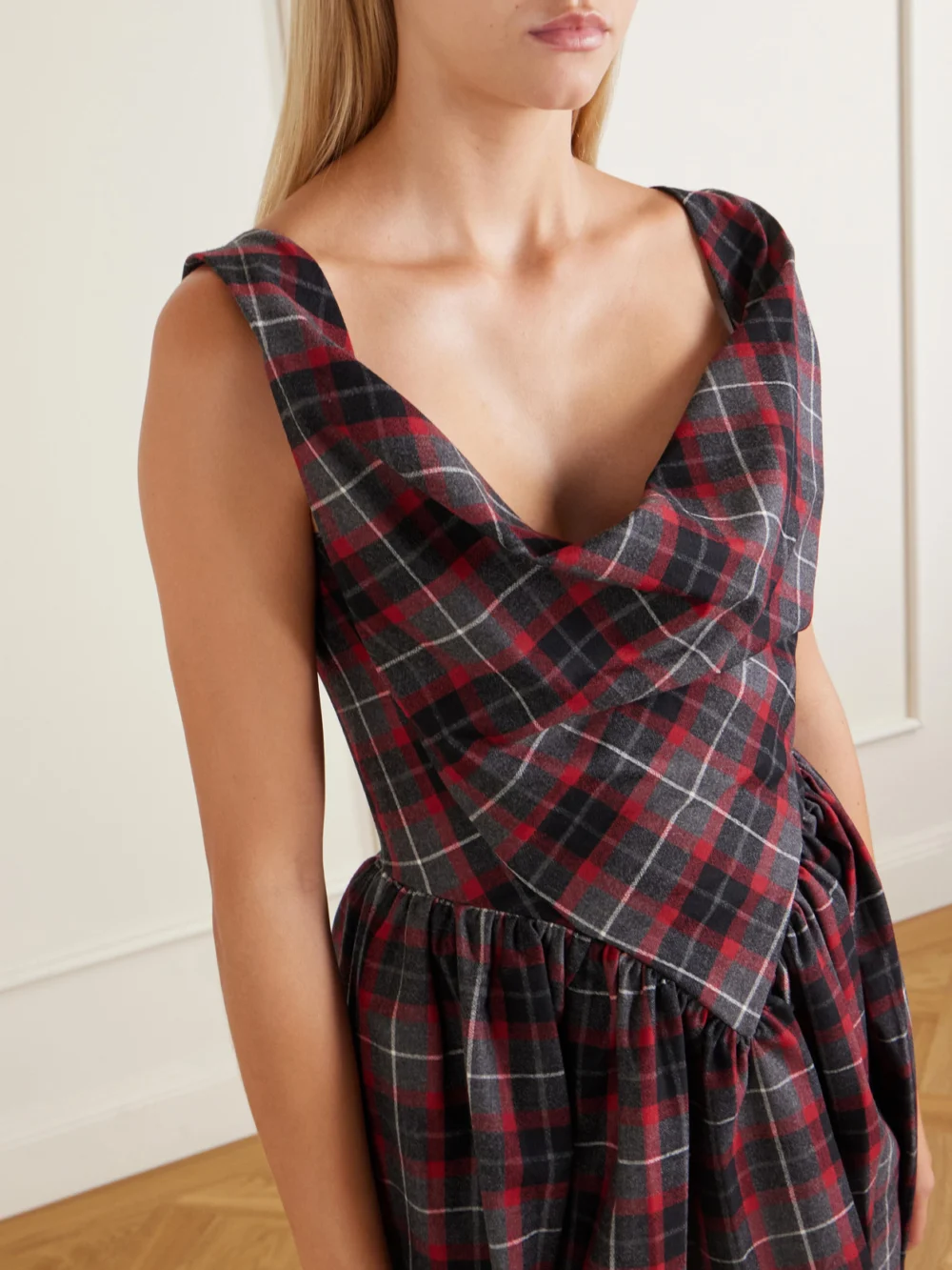 Close-up detail of the Vivienne Westwood Sunday Draped Checked Wool-blend Mini Dress