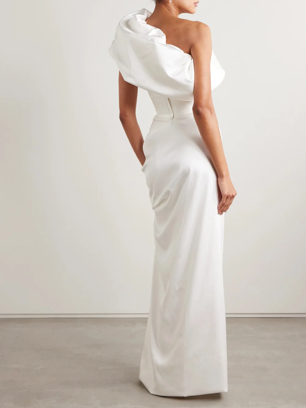 Back view of the Vivienne Westwood Sybyl Off-the-shoulder Draped Satin Gown