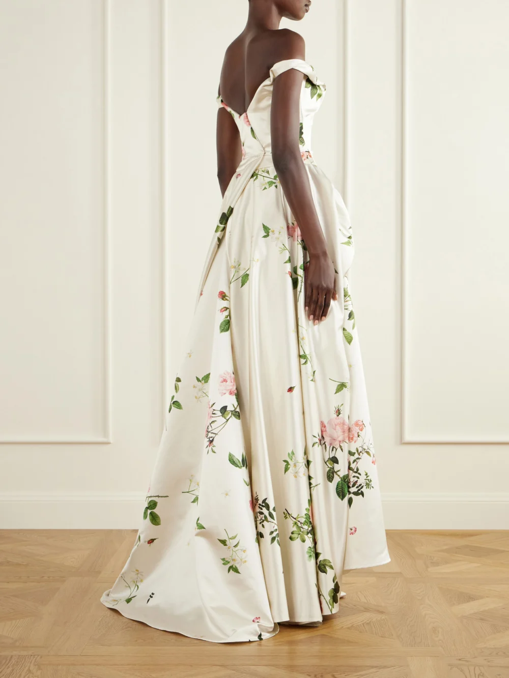 Back view of the Vivienne Westwood Tabitha Bustier Draped Floral-print Satin Gown