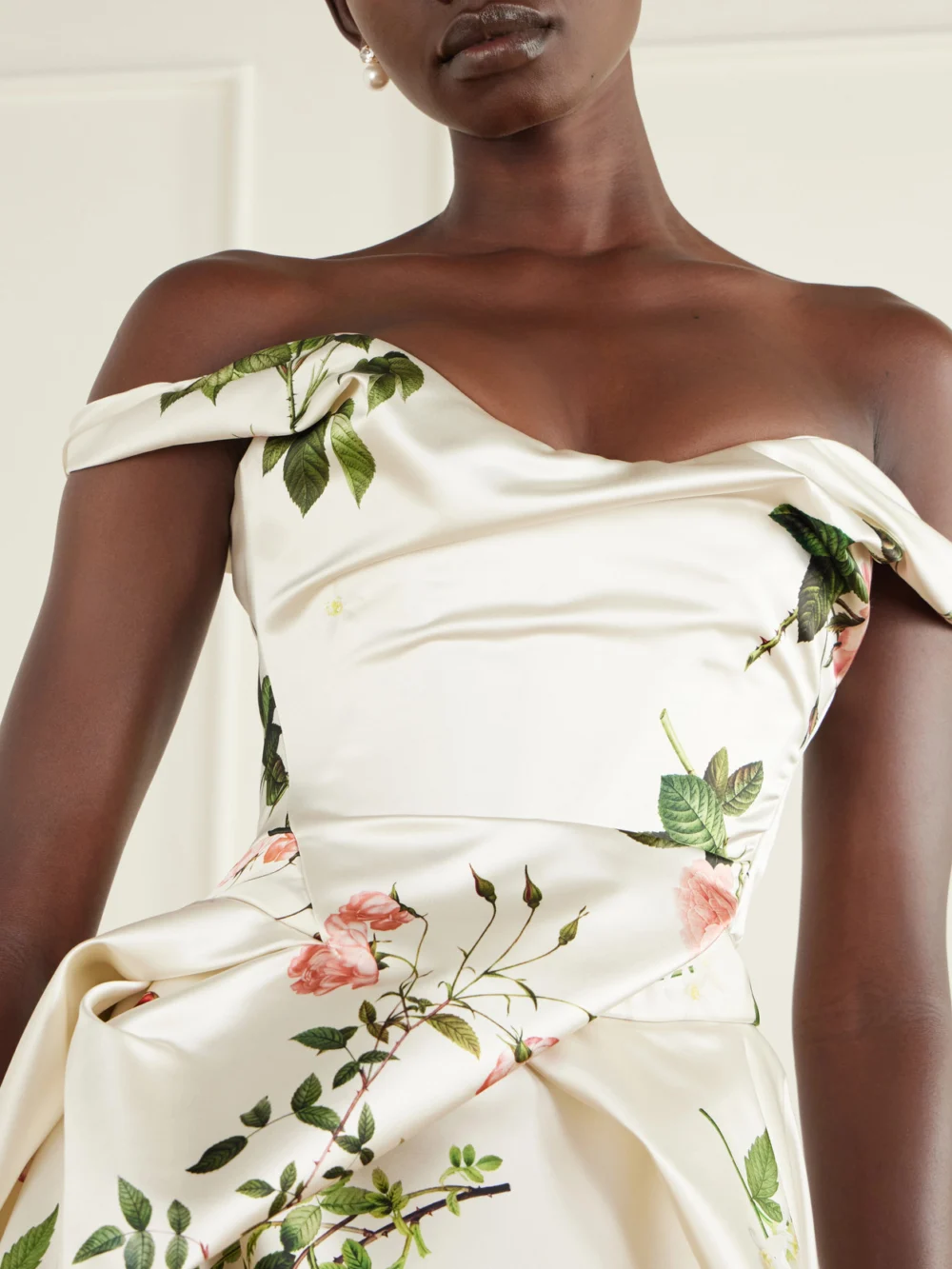 Close-up detail of the Vivienne Westwood Tabitha Bustier Draped Floral-print Satin Gown
