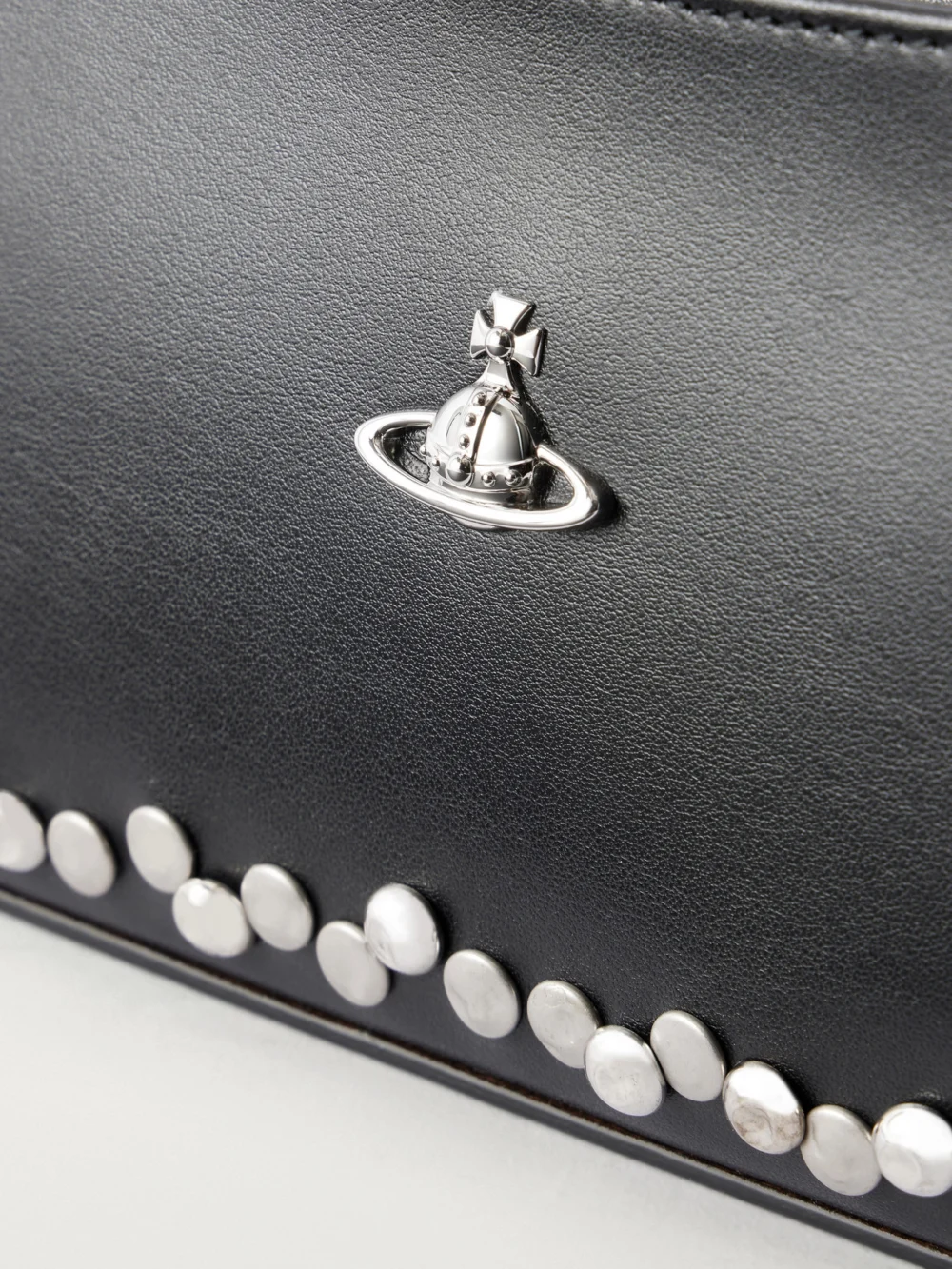 Close-up detail of the Vivienne Westwood Tasha Logo-embellished Studded Leather Shoulder Bag