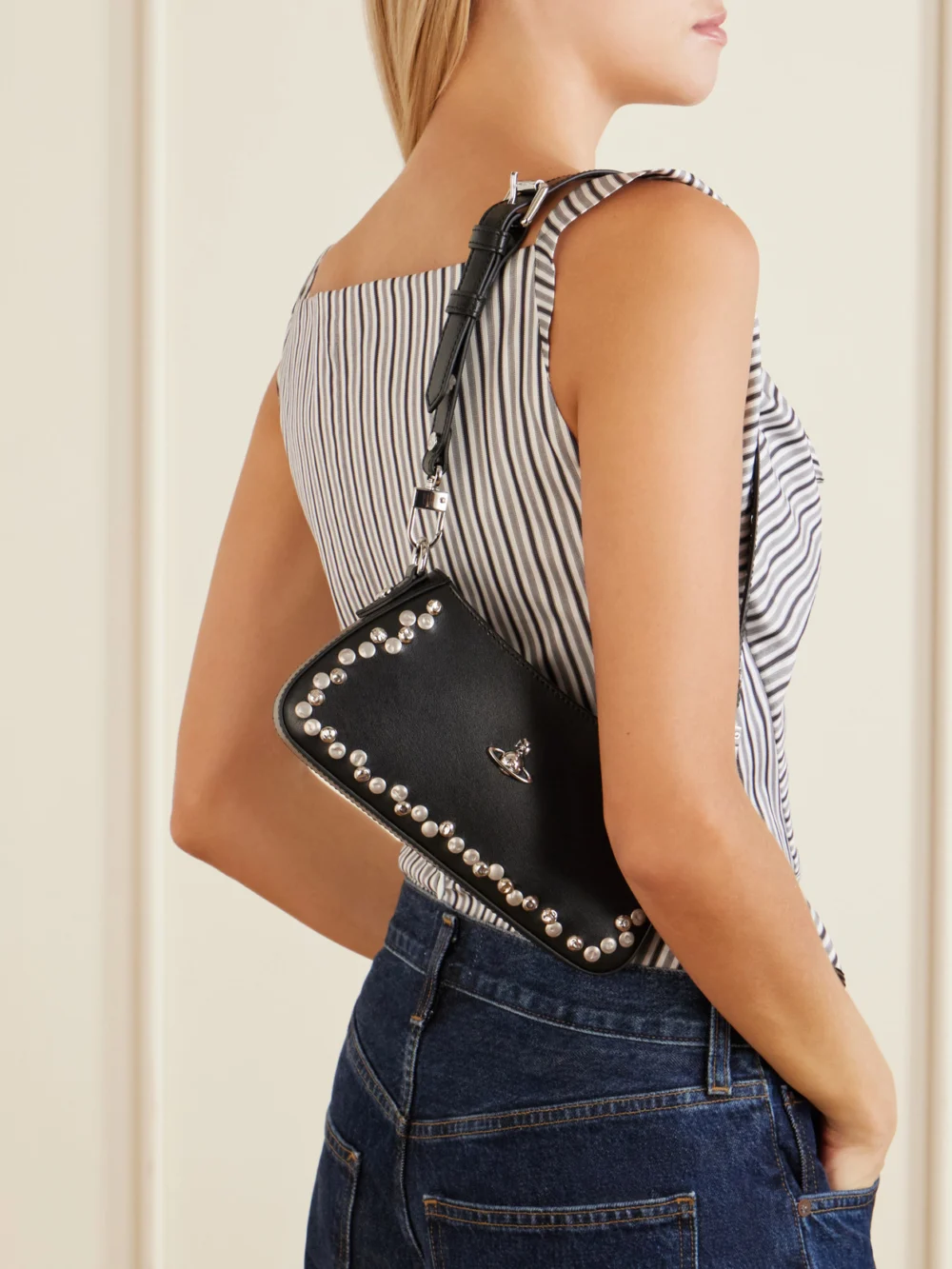 Vivienne Westwood Tasha Logo-embellished Studded Leather Shoulder Bag, styled view