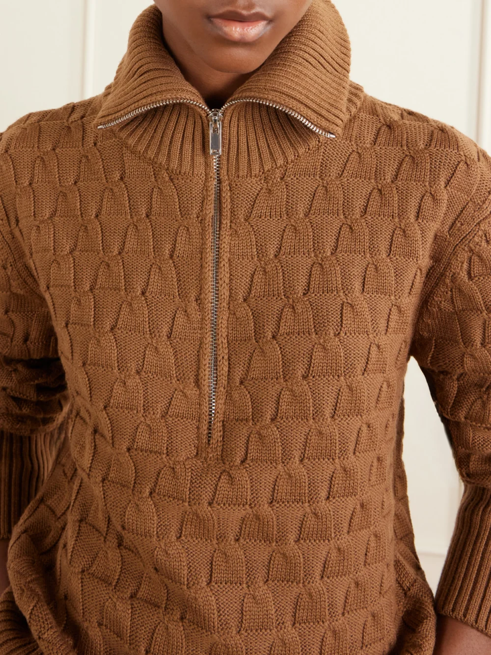 Close-up detail of the Wales Bonner Acoustic Knitted Wool Half-zip Turtleneck Sweater