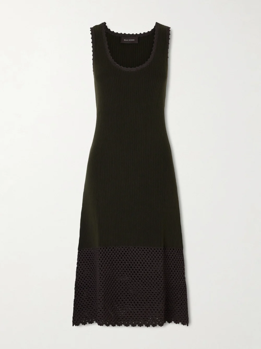 Wales Bonner Alice Crochet-trimmed Ribbed Cotton-blend Midi Dress in dark brown