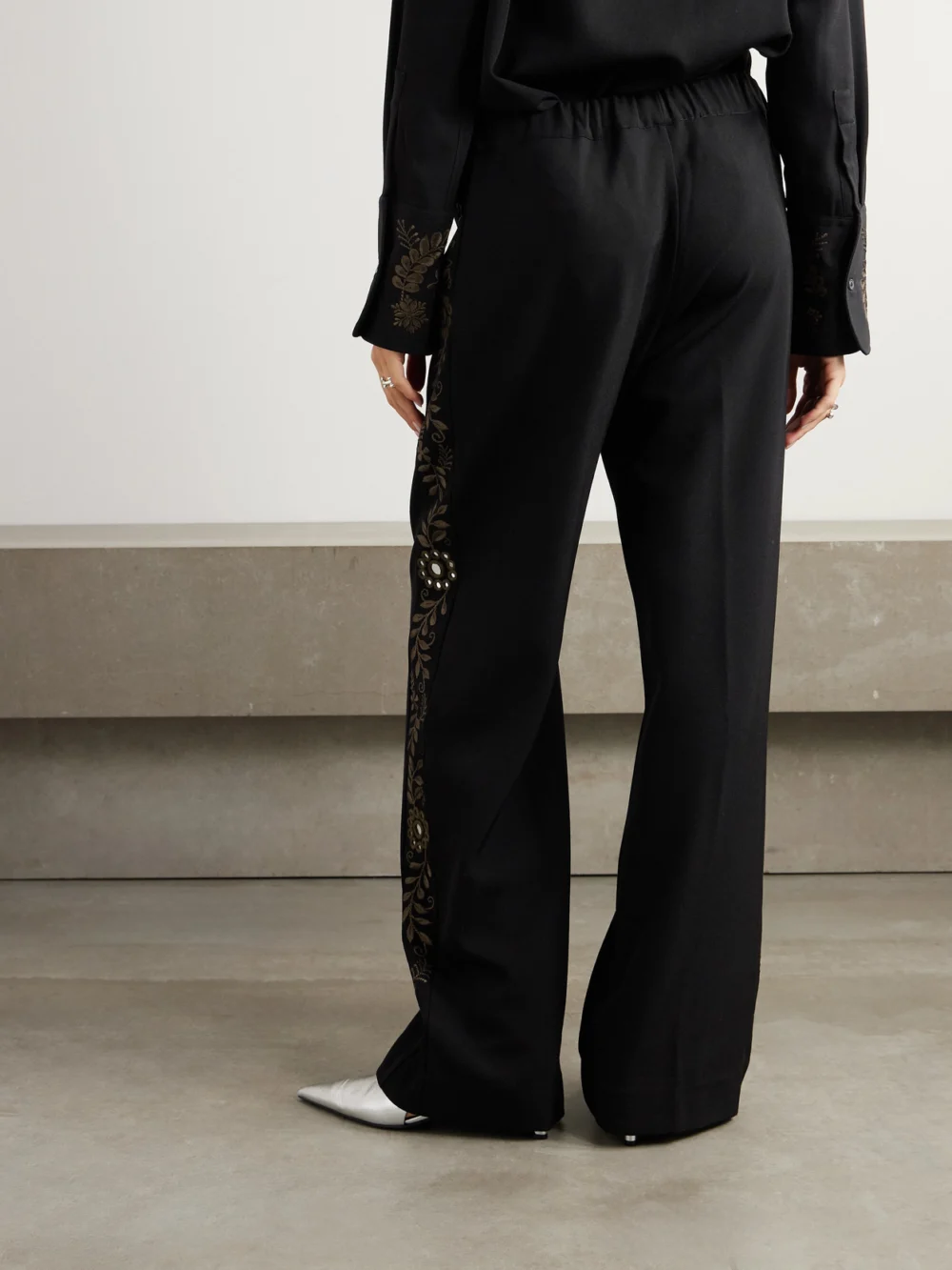 Back view of the Wales Bonner Cairo Embellished Embroidered Grain De Poudre Wool Straight-leg Pants
