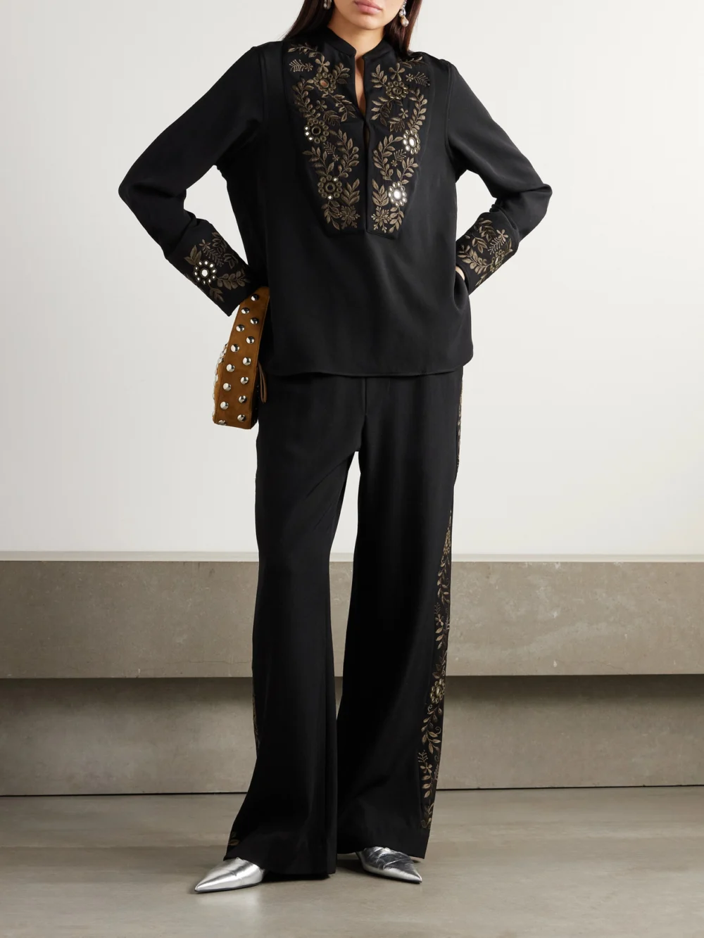 Wales Bonner Cairo Embellished Embroidered Grain De Poudre Wool Straight-leg Pants, worn by a model