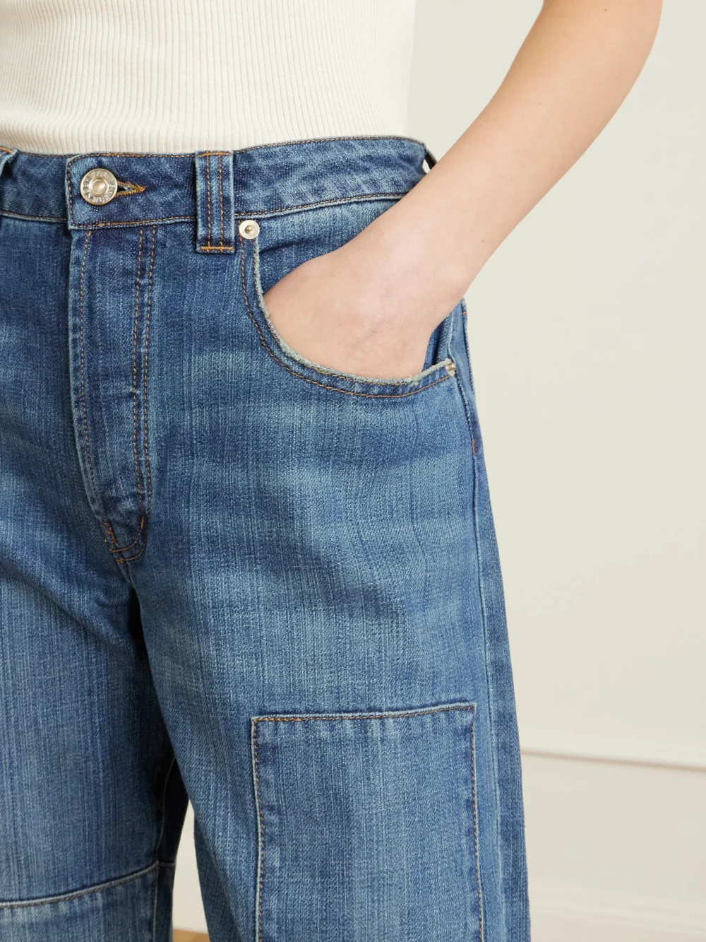 Close-up detail of the Wales Bonner Chance Frayed Straight-leg Jeans