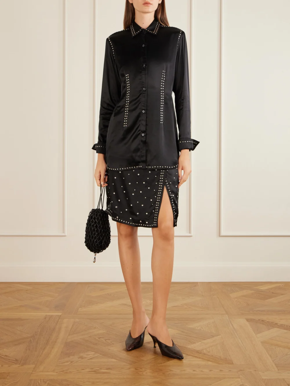 Wales Bonner Cosmic Embellished Satin Midi Skirt, worn by a model