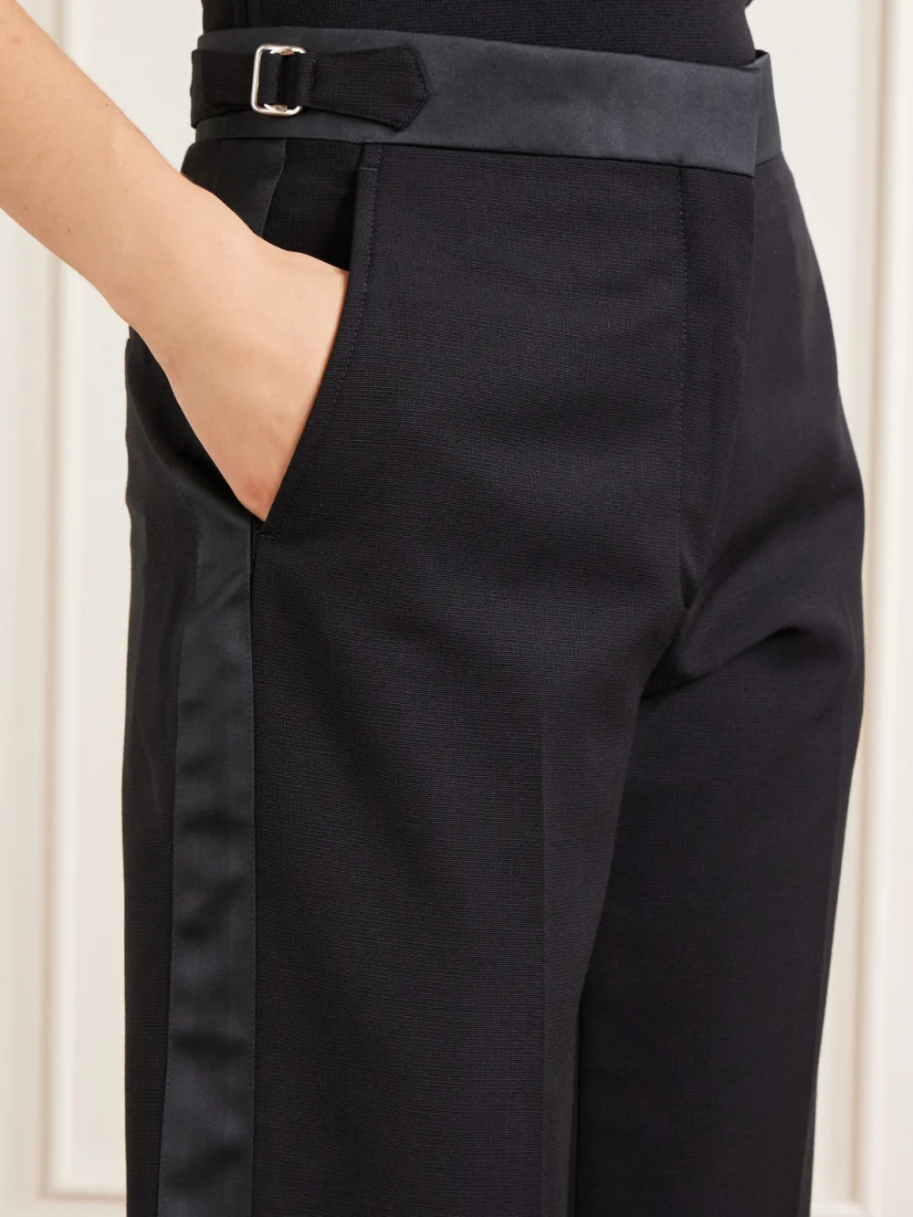 Close-up detail of the Wales Bonner Gallery Satin-trimmed Wool-twill Flared Pants
