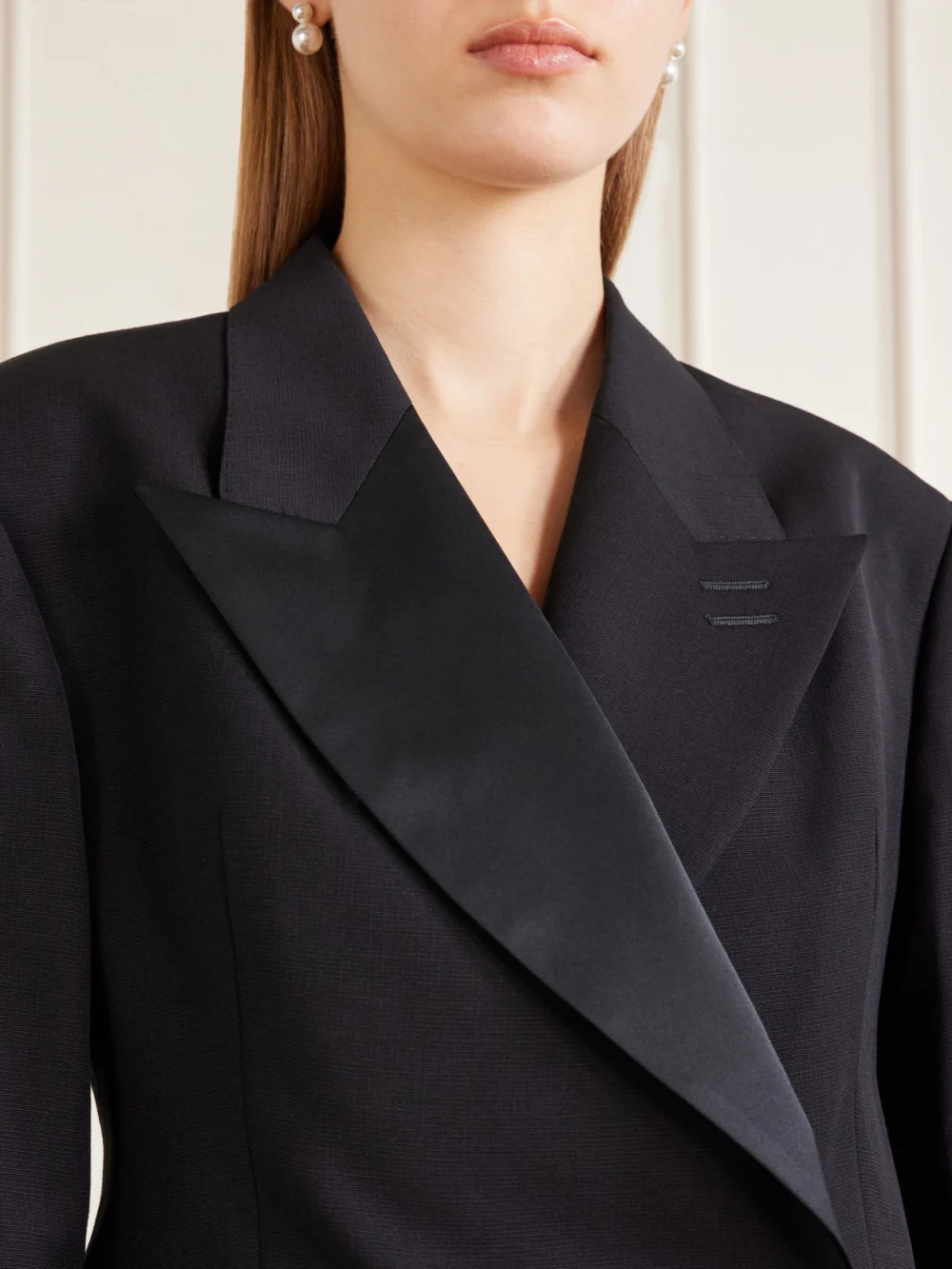 Close-up detail of the Wales Bonner Gallery Satin-trimmed Wool-twill Jacket