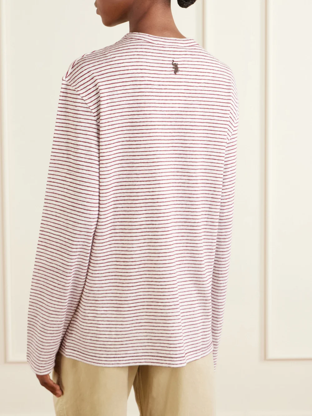 Back view of the Wales Bonner Hour Embroidered Striped Linen and Cotton-blend T-shirt
