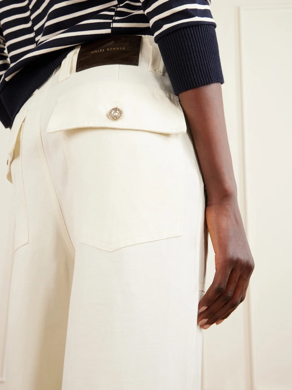 Close-up detail of the Wales Bonner Hymn Paneled Linen-blend Twill Wide-leg Pants
