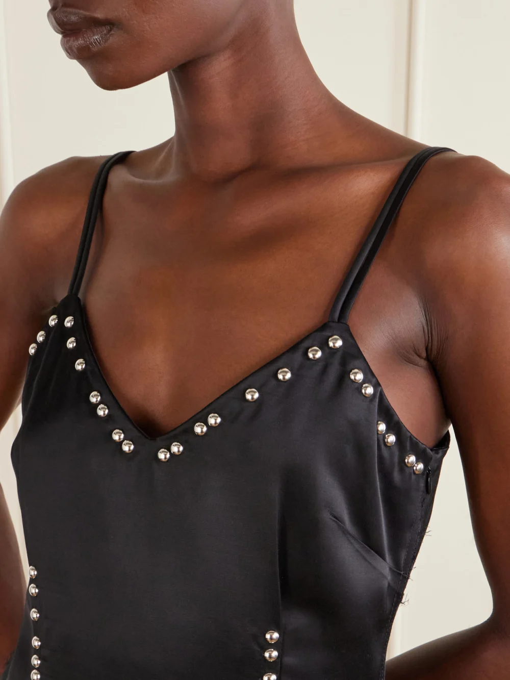 Close-up detail of the Wales Bonner Iris Studded Frayed Satin Camisole
