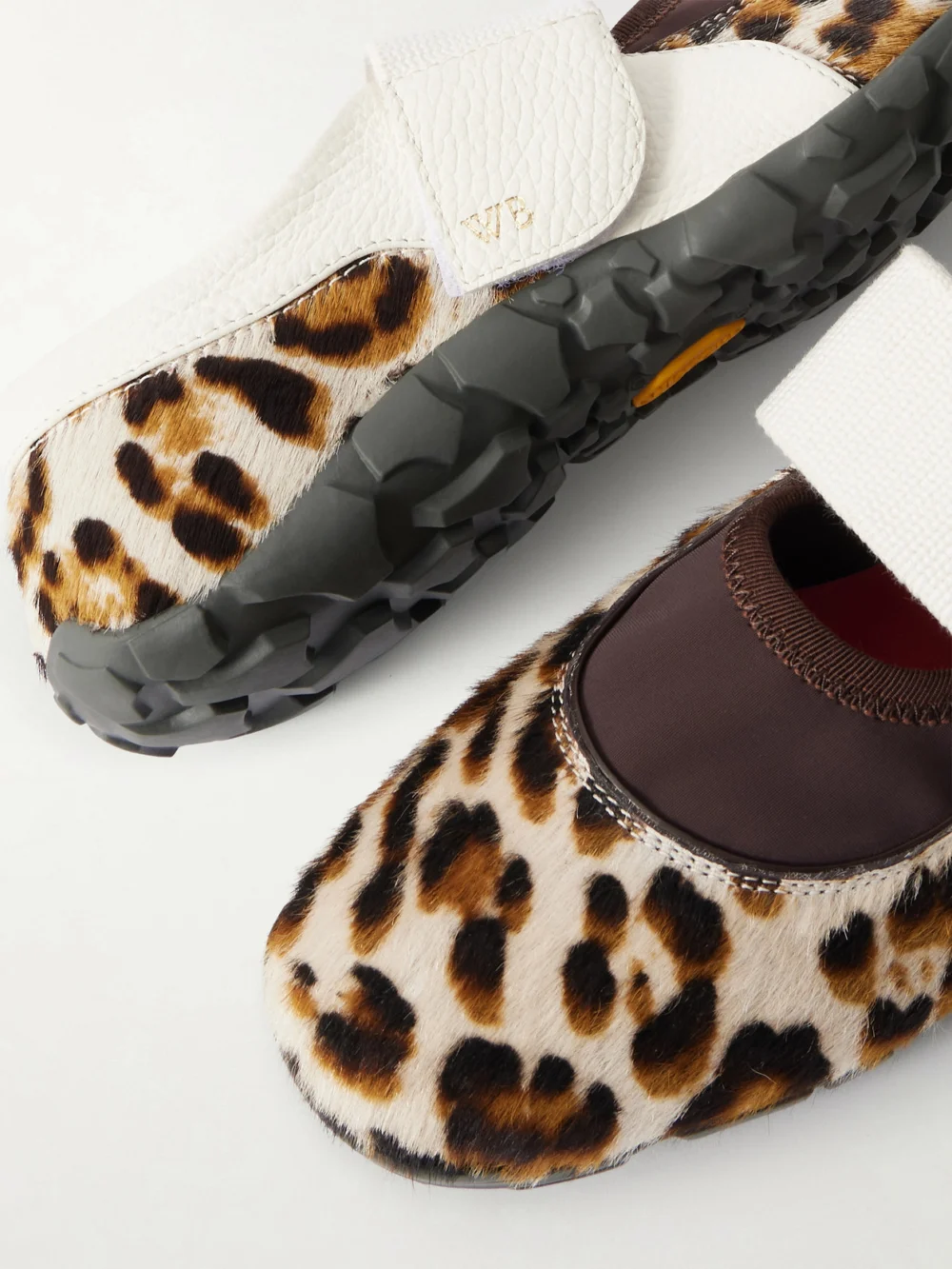 Close-up detail of the Wales Bonner Jewel Leather-trimmed Leopard-print Calf Hair Mary Jane Sneakers