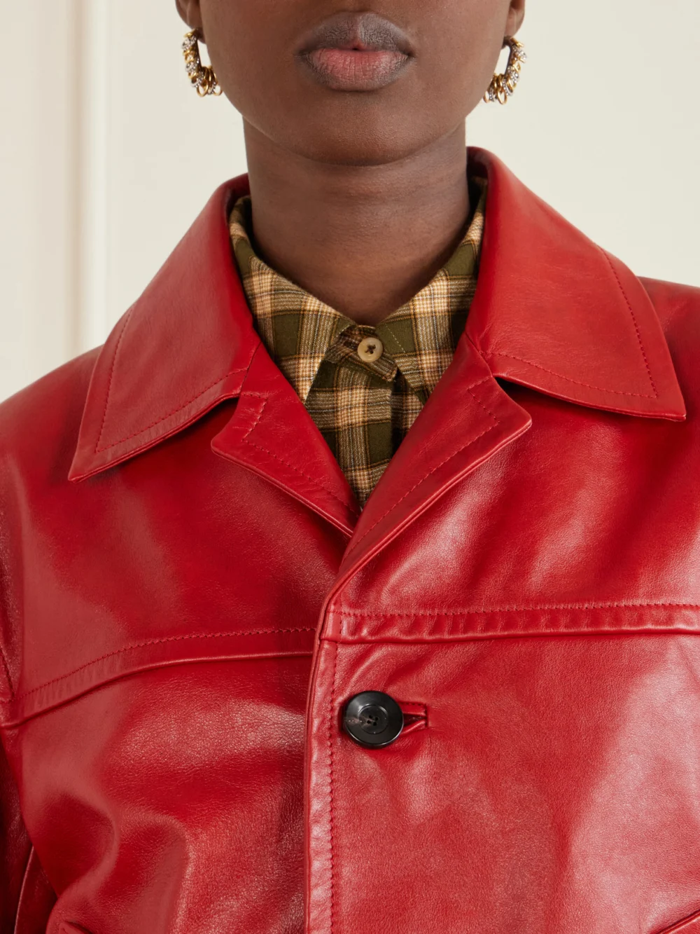 Close-up detail of the Wales Bonner Kamala Leather Biker Jacket