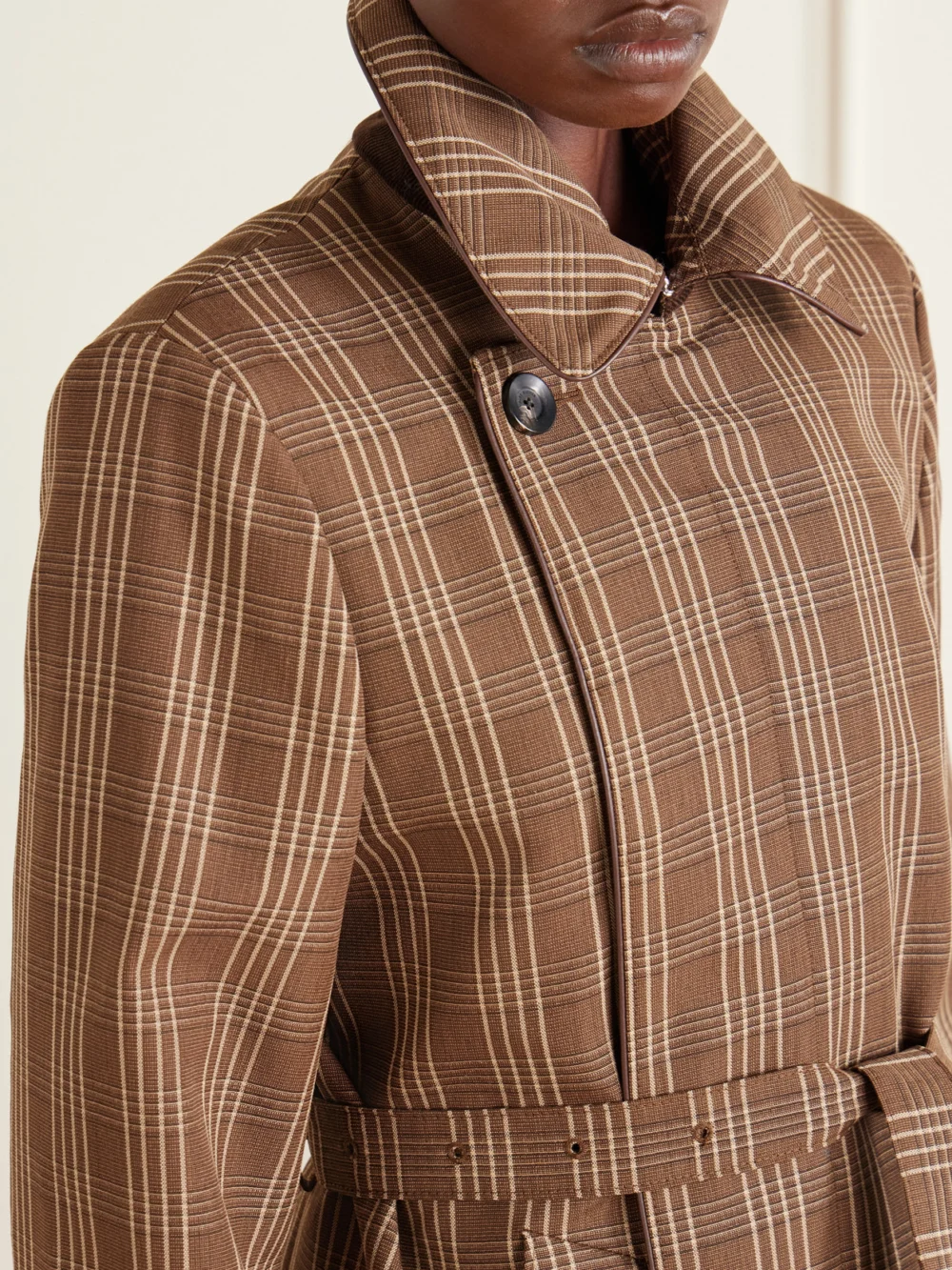 Close-up detail of the Wales Bonner Linear Belted Checked Wool-canvas Coat