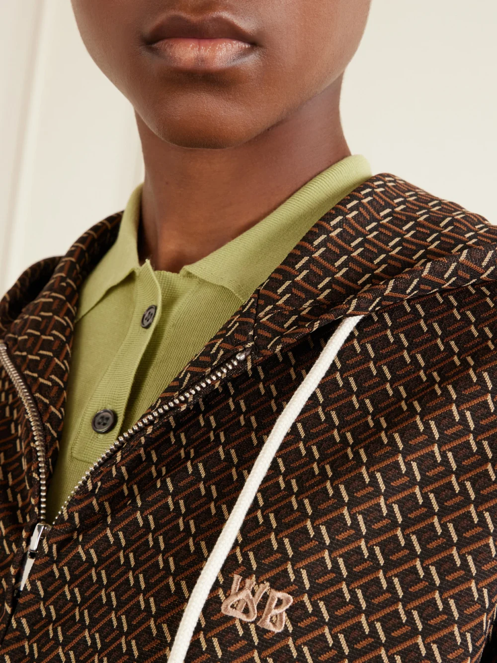 Close-up detail of the Wales Bonner Logo-embroidered Jacquard-knit Zip-up Hoodie