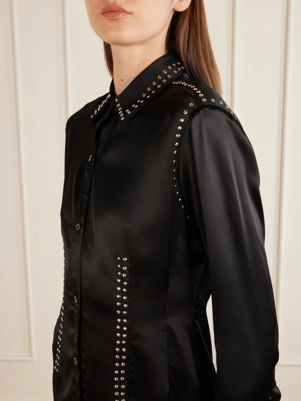 Close-up detail of the Wales Bonner Mystic Studded Satin Shirt