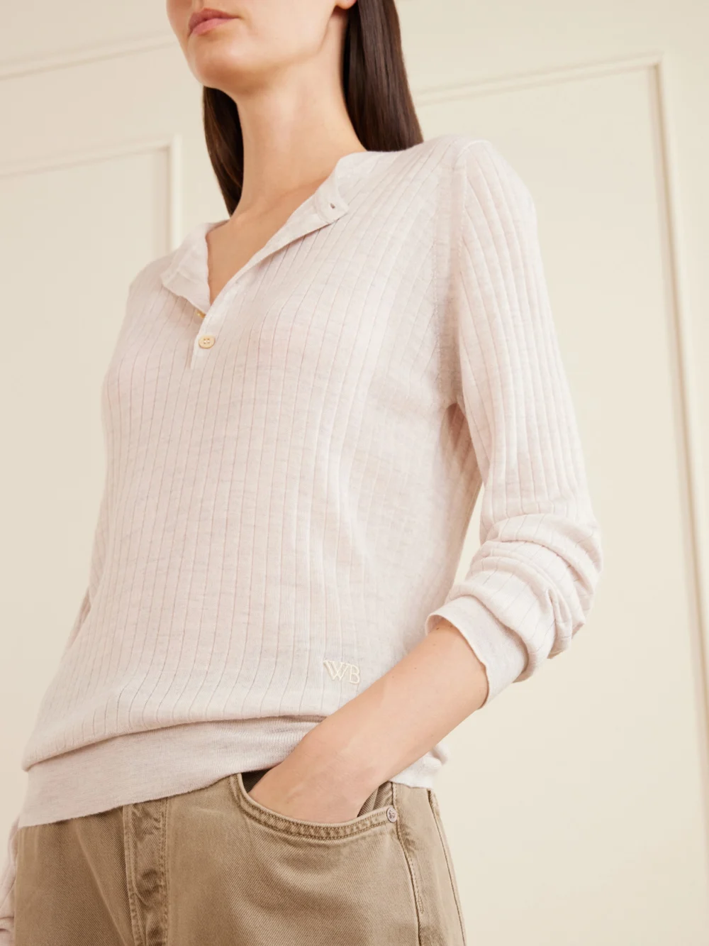 Close-up detail of the Wales Bonner Nile Henley Wool Sweatshirt