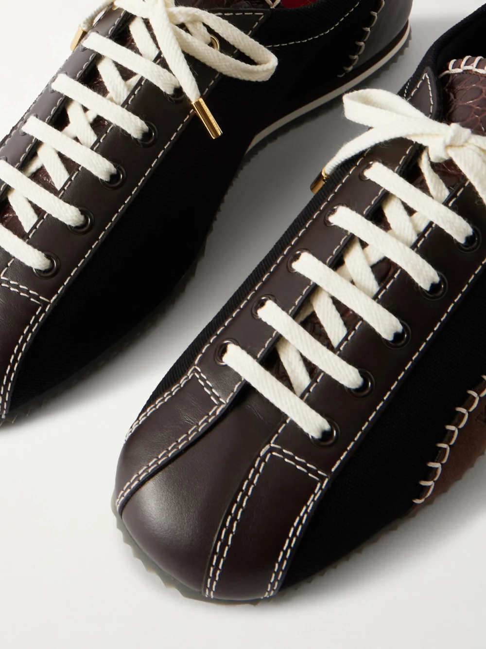 Close-up detail of the Wales Bonner Paris Suede-trimmed Leather and Canvas Sneakers