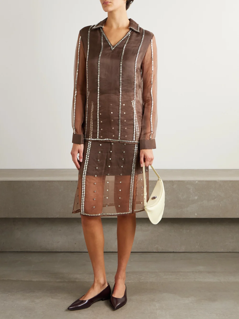 Wales Bonner Presence Studded Organza Blouse, worn by a model