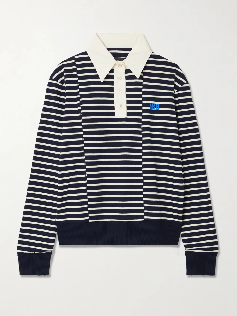 Wales Bonner Reflect Embroidered Stretch Cotton Poplin-trimmed Striped Cotton-jersey Polo Shirt in navy