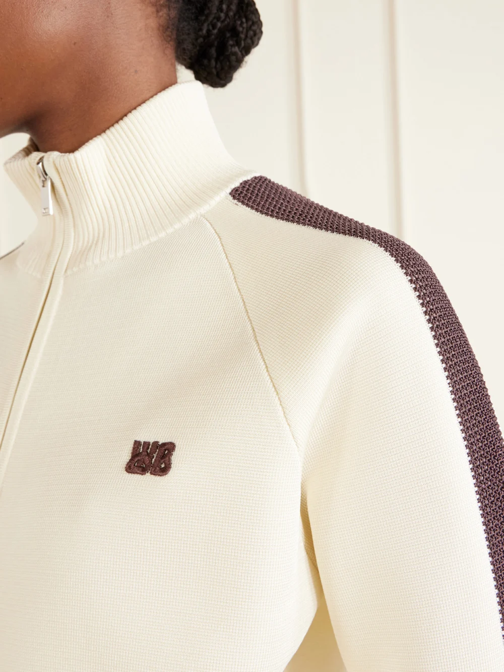 Close-up detail of the Wales Bonner Tide Logo-embroidered Knitted Jacket