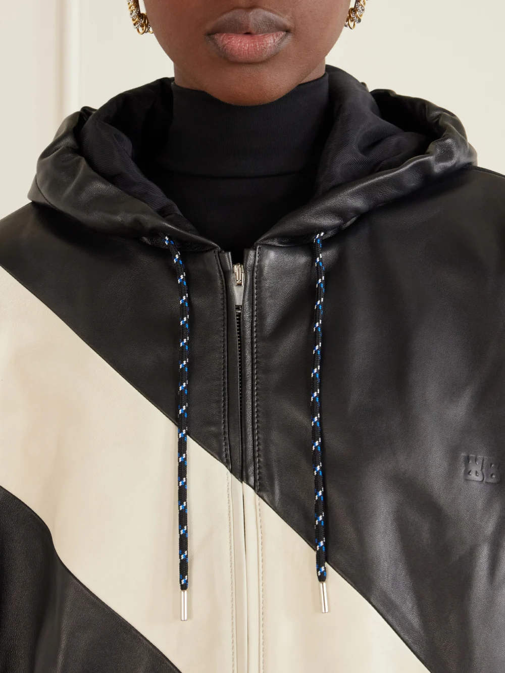 Close-up detail of the Wales Bonner Vista Striped Leather Jacket