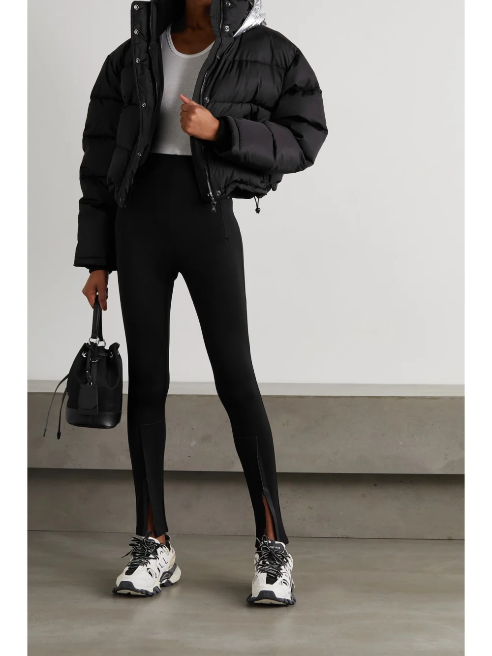 WARDROBE.NYC + Net-a-porter Hooded Quilted Padded Shell Down Jacket, worn by a model