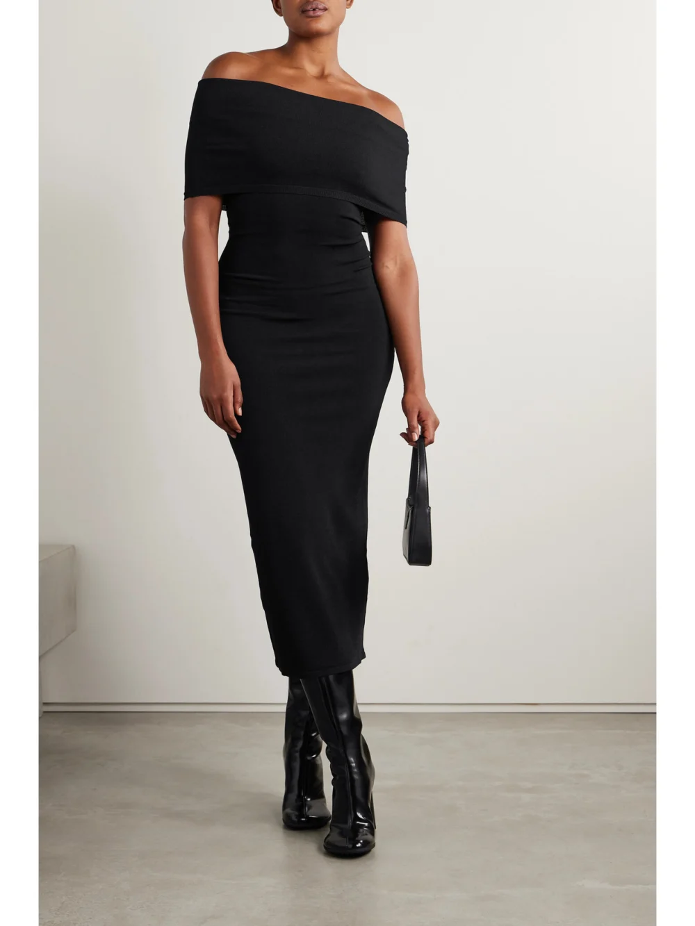 WARDROBE.NYC Off-the-shoulder Stretch-jersey Midi Dress, worn by a model