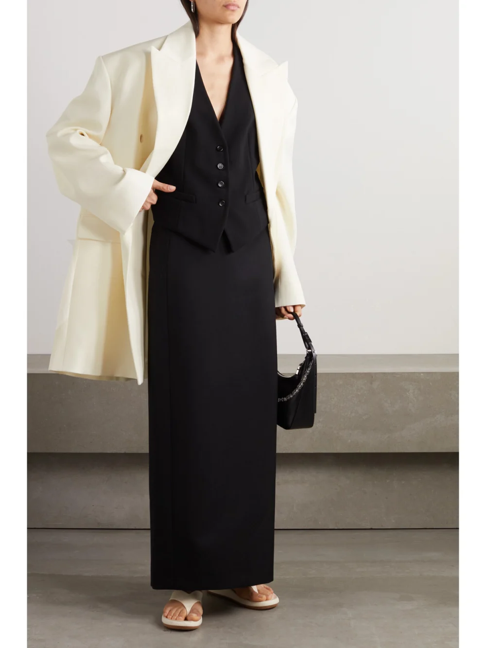 WARDROBE.NYC Oversized Double-breasted Grain De Poudre Wool Coat, worn by a model