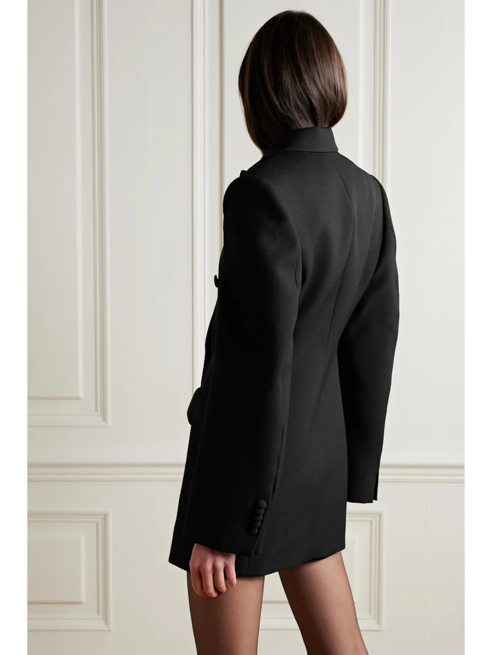 Back view of the WARDROBE.NYC Silk-satin Trimmed Double-breasted Grain De Poudre Wool Mini Dress
