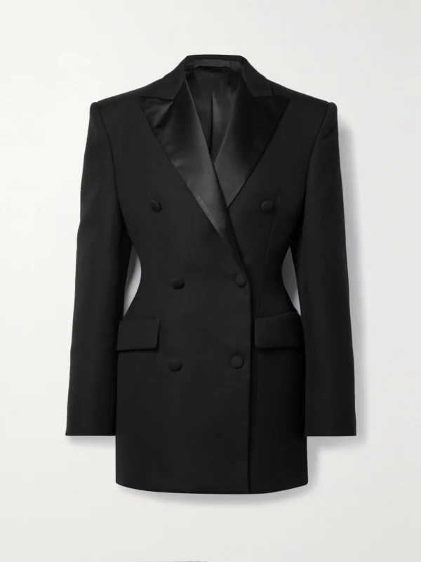 WARDROBE.NYC Silk-satin Trimmed Double-breasted Grain De Poudre Wool Mini Dress
