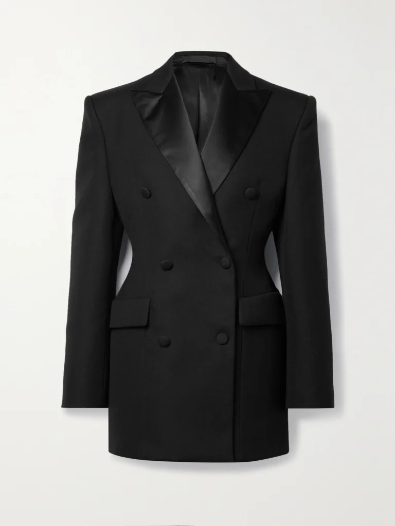 WARDROBE.NYC Silk-satin Trimmed Double-breasted Grain De Poudre Wool Mini Dress