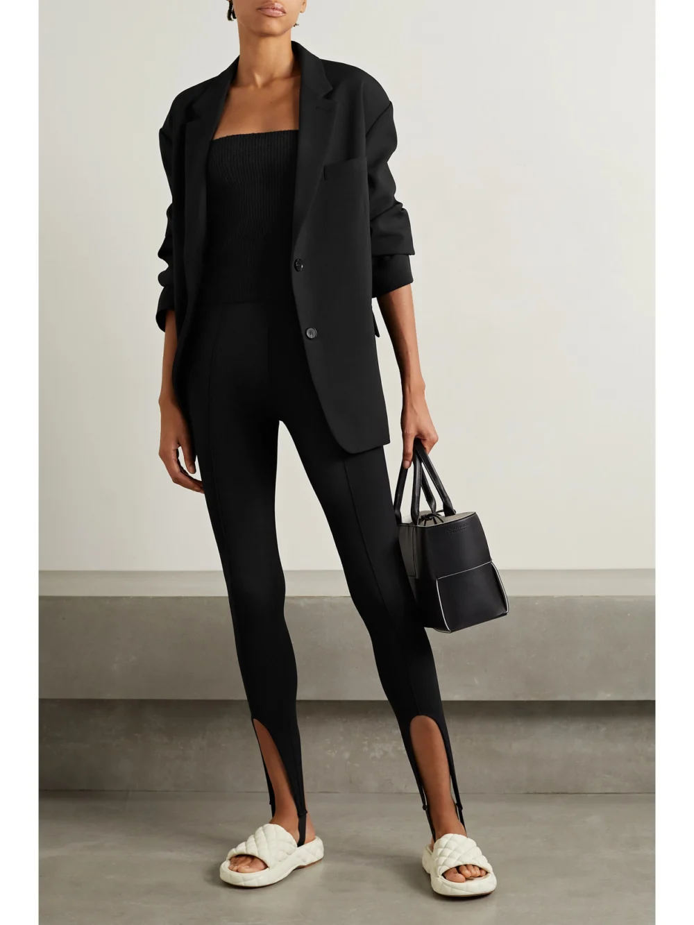 WARDROBE.NYC Strapless Ribbed Cotton-blend Top, worn by a model