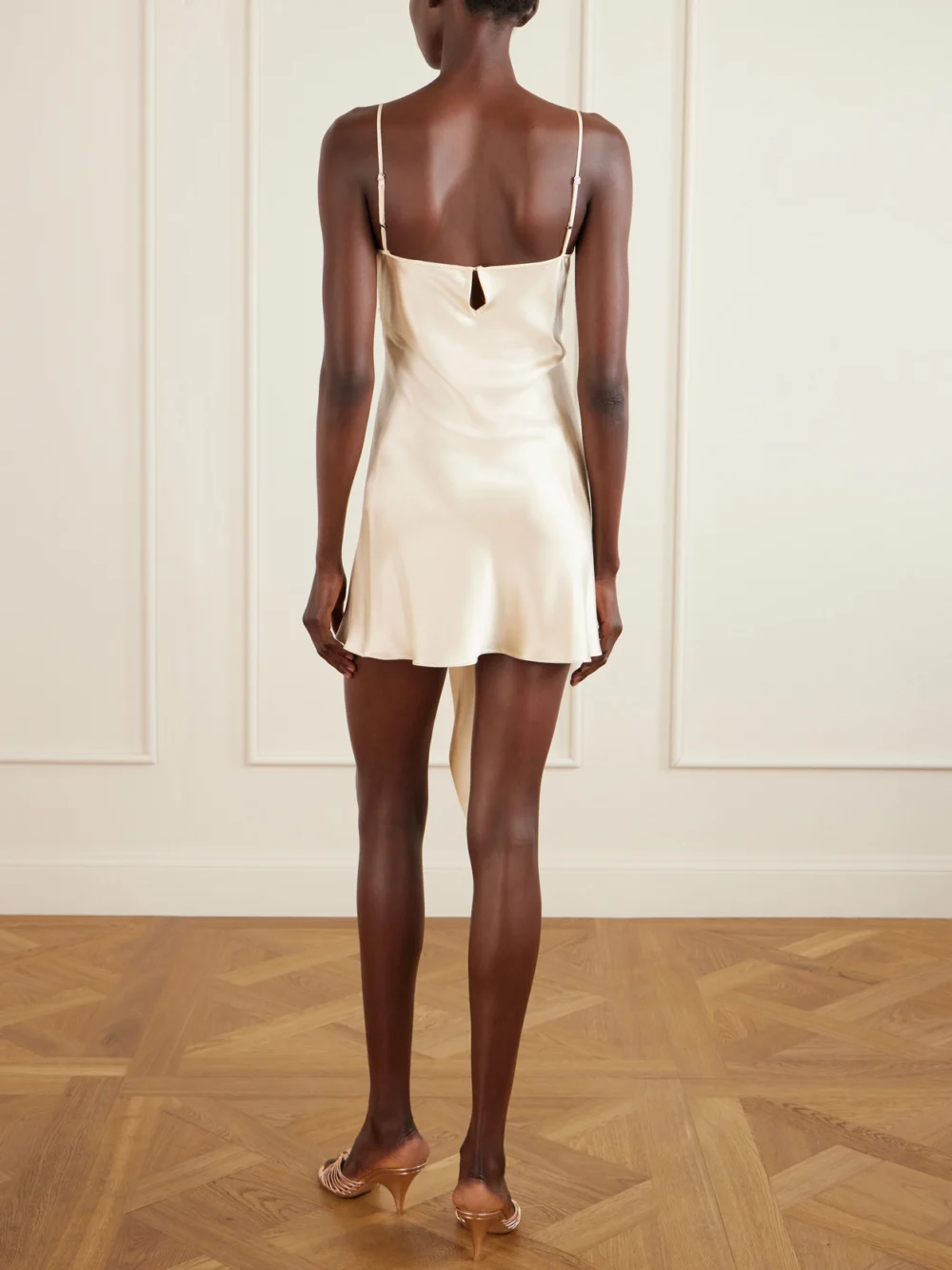 Back view of the Wiederhoeft Blumen Tie-detailed Embroidered Silk Chiffon and Satin Mini Dress