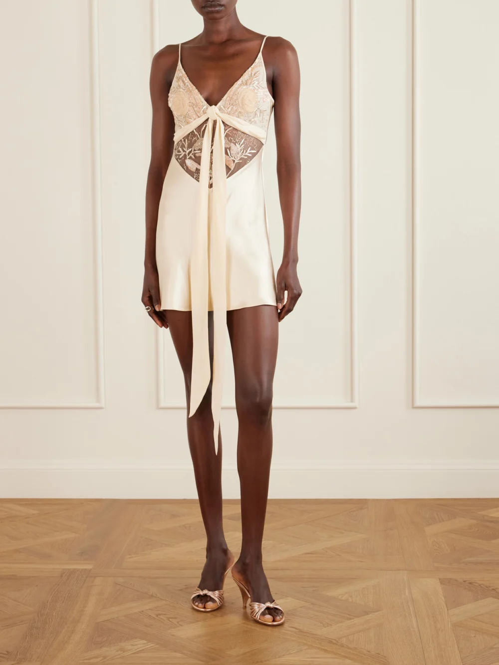 Wiederhoeft Blumen Tie-detailed Embroidered Silk Chiffon and Satin Mini Dress, worn by a model