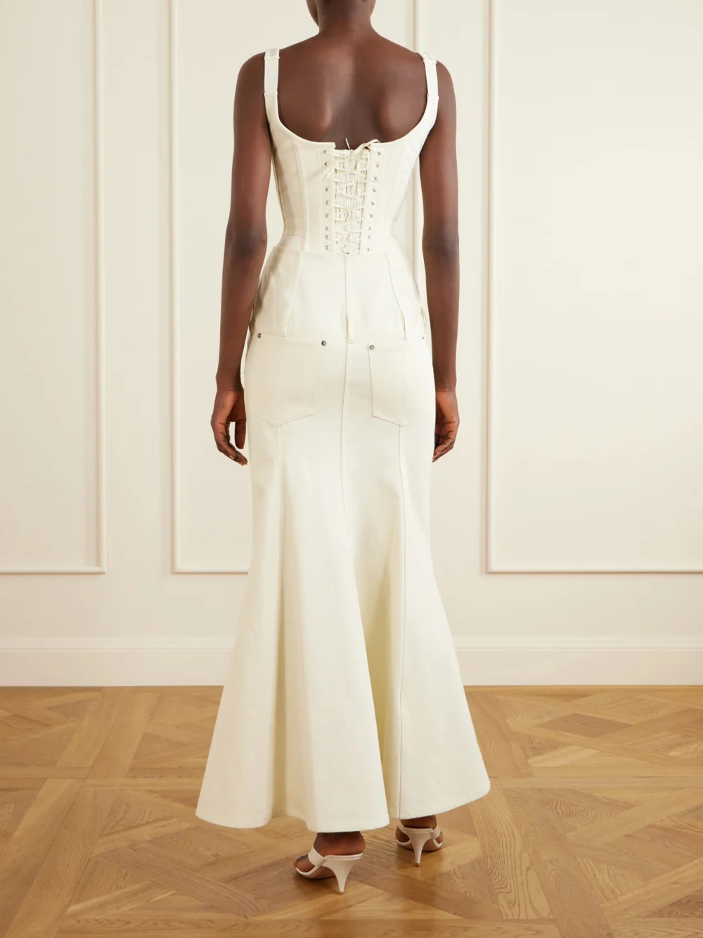 Back view of the Wiederhoeft Embellished Denim Midi Skirt