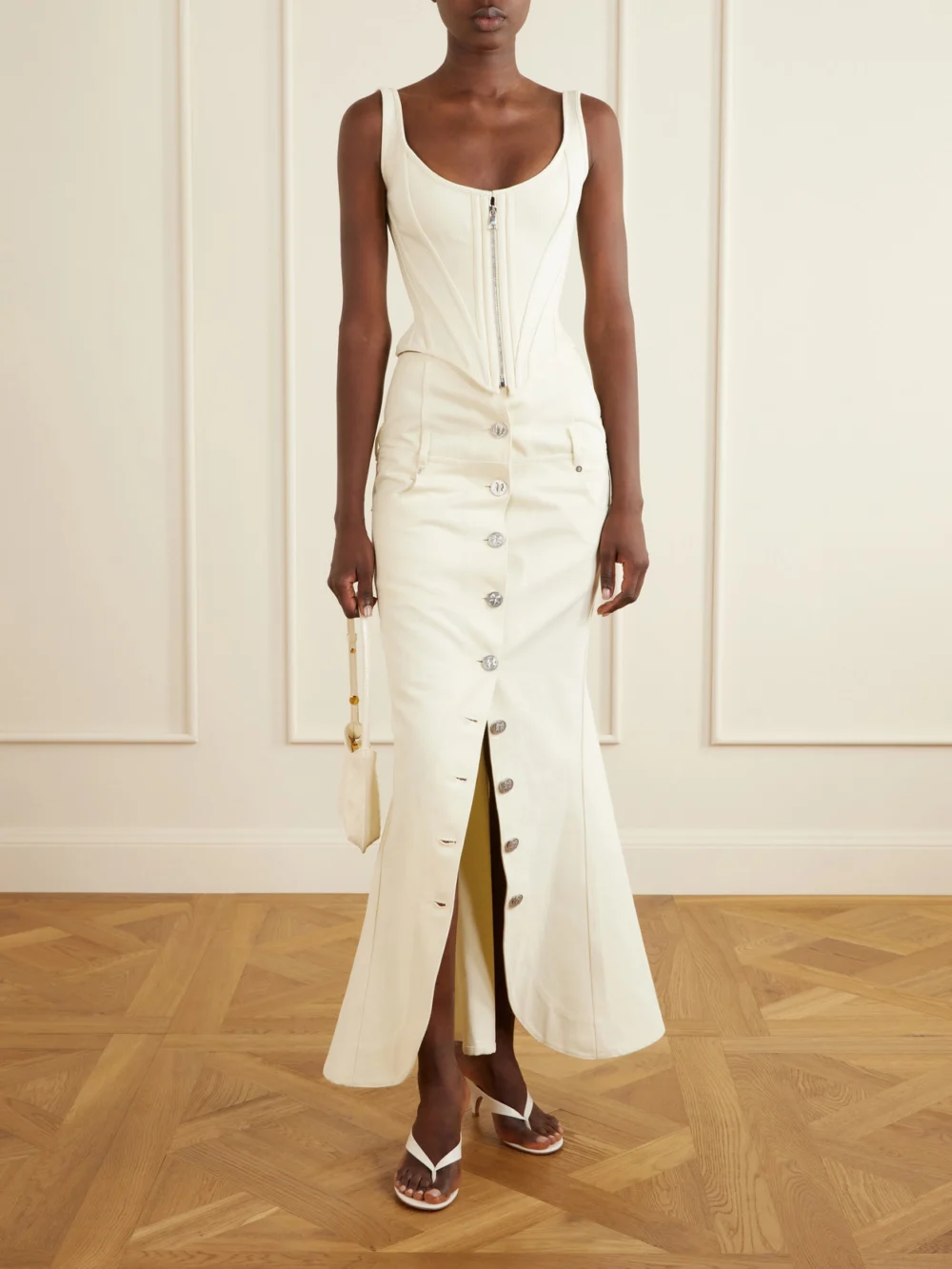 Wiederhoeft Embellished Denim Midi Skirt, worn by a model