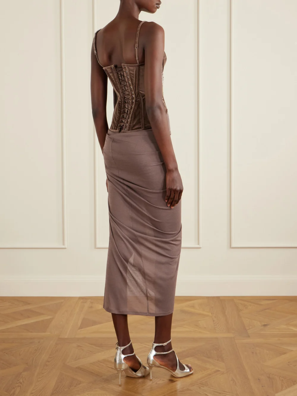 Back view of the Wiederhoeft Embellished Draped Knitted Midi Skirt