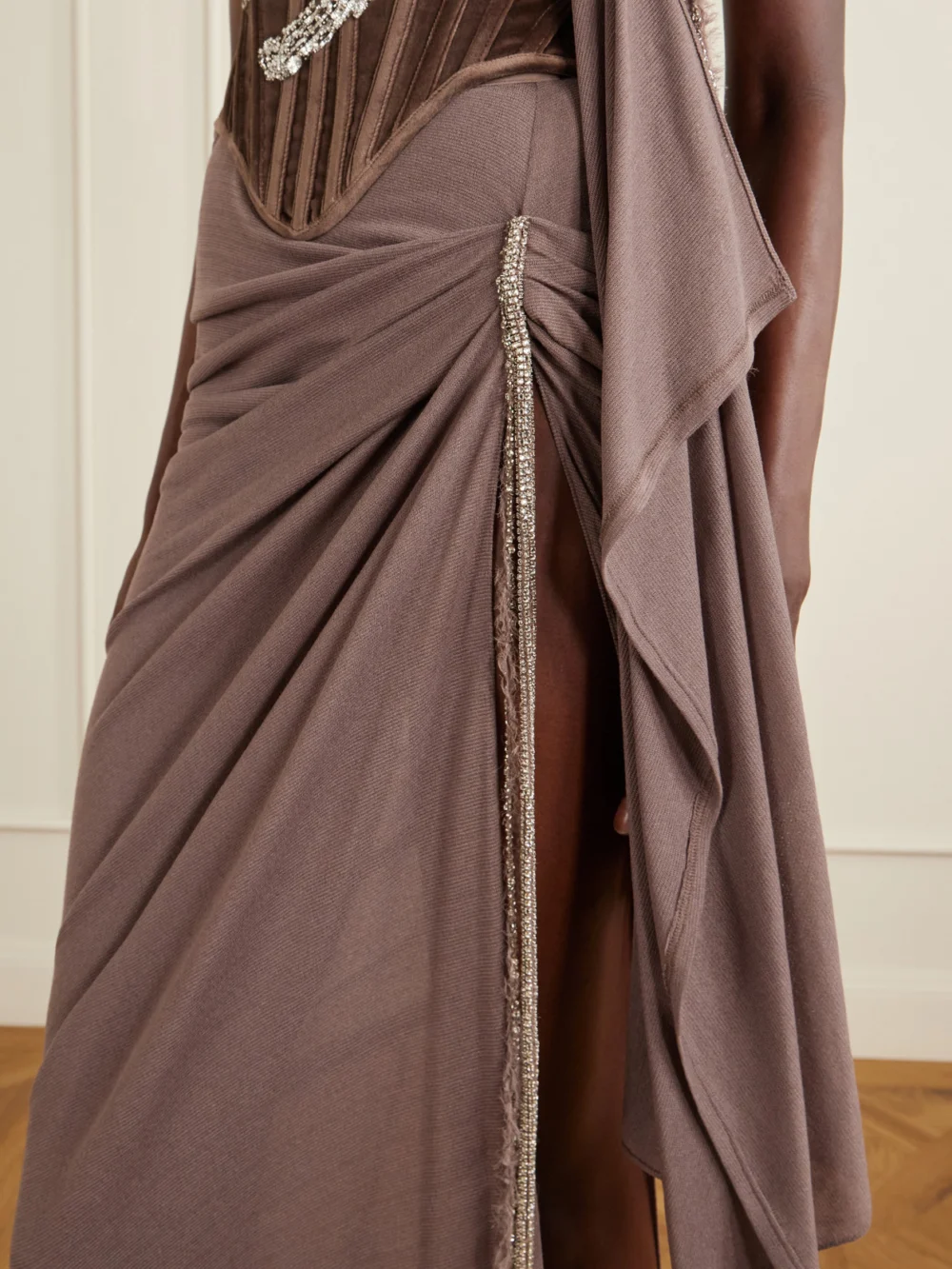 Close-up detail of the Wiederhoeft Embellished Draped Knitted Midi Skirt