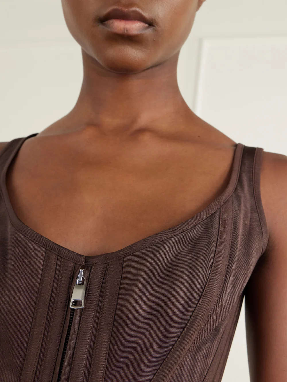 Close-up detail of the Wiederhoeft Venus Corset Paneled Twill Top