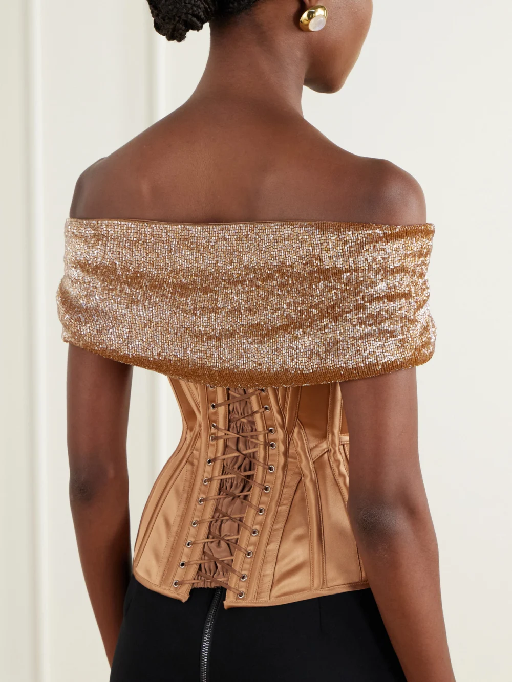 Back view of the Wiederhoeft Wasp Corset Paneled Bead-embellished Silk Top