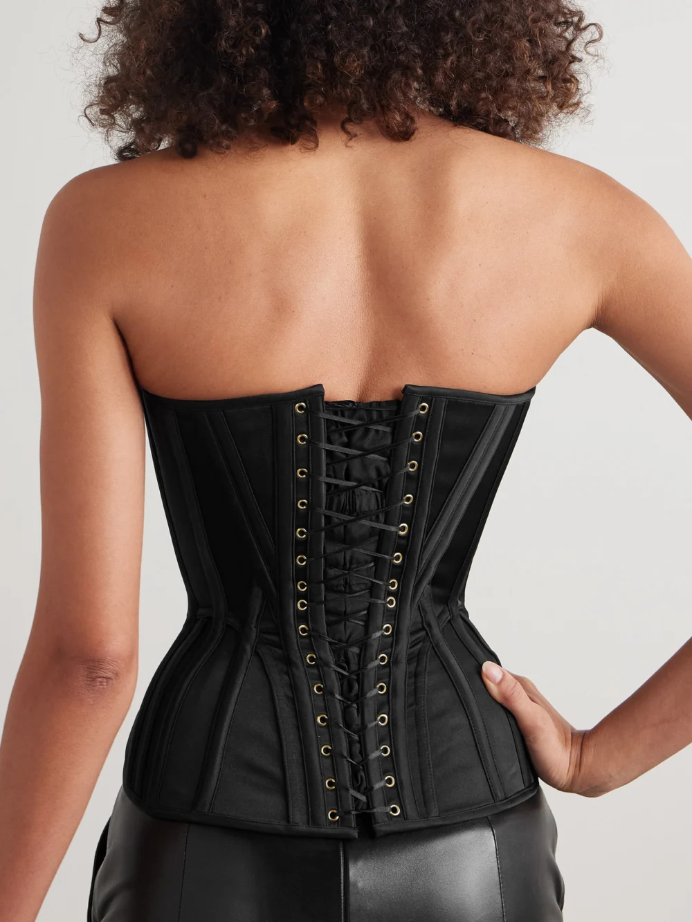 Back view of the Wiederhoeft Wasp Strapless Recycled-satin Bustier Top