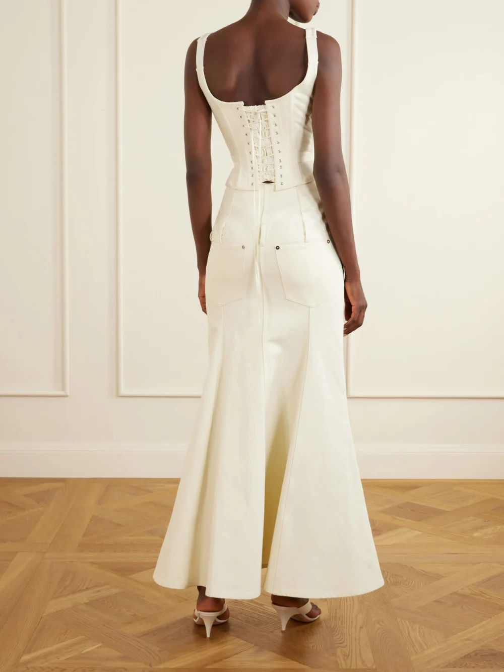 Back view of the Wiederhoeft Zip Denim Bustier Top