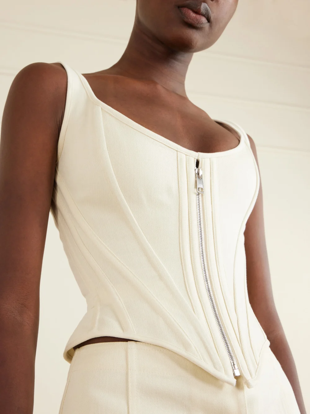 Close-up detail of the Wiederhoeft Zip Denim Bustier Top